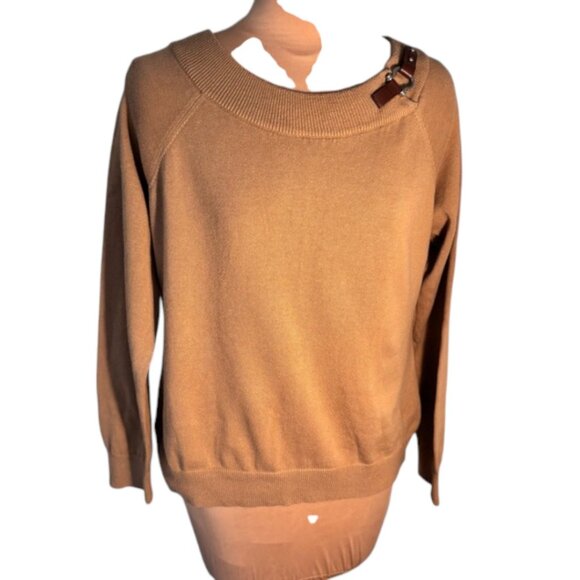 Lauren by Ralph Lauren Camel Sweater with Leather Buckle Shoulder Detail -Sz. XL - Picture 1 of 7